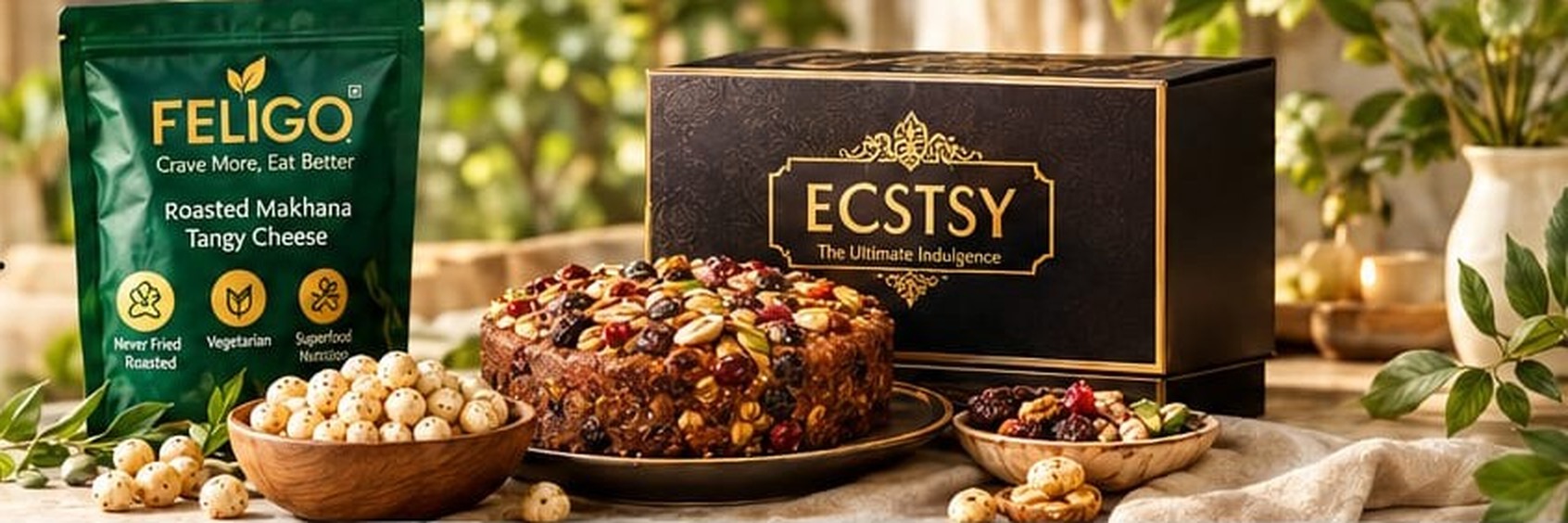 FELIGO roasted makhana and ECSTSY fruit & nut cake