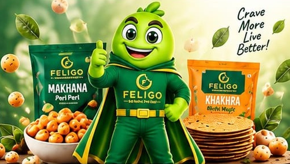 FELIGO mascot with Peri Peri Makhana and Methi Khakhra